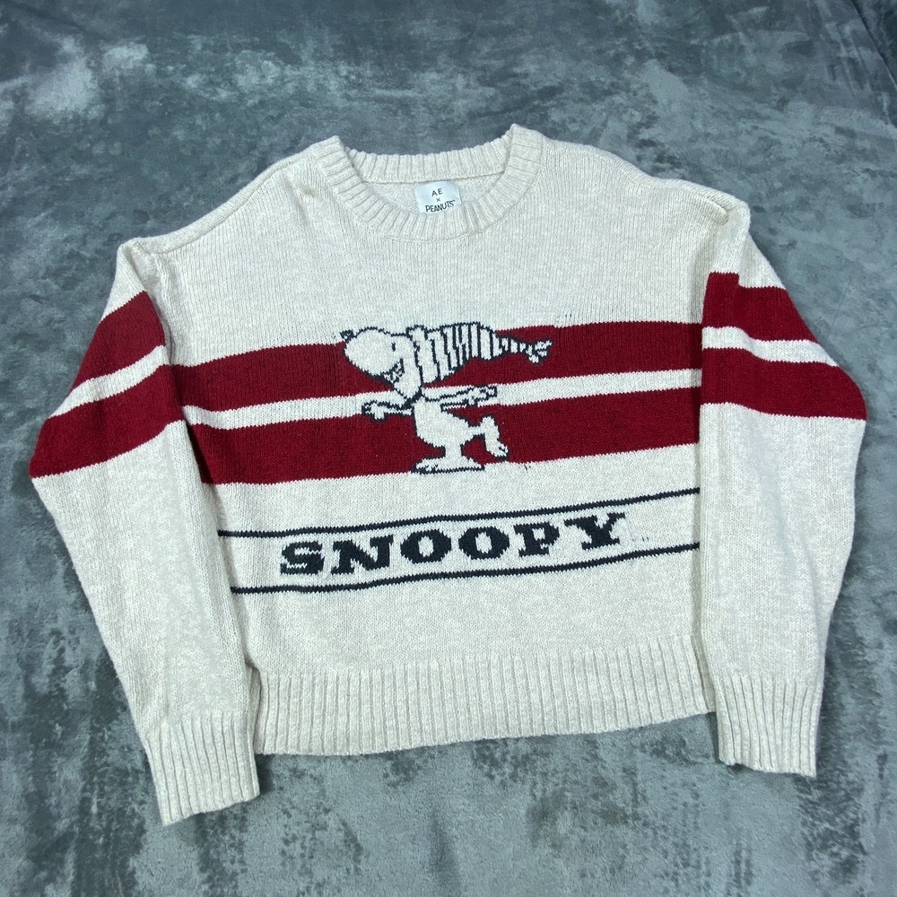 American Eagle X Peanuts Snoopy Sweater Striped Small Womens Beige Red‎ Preppy
